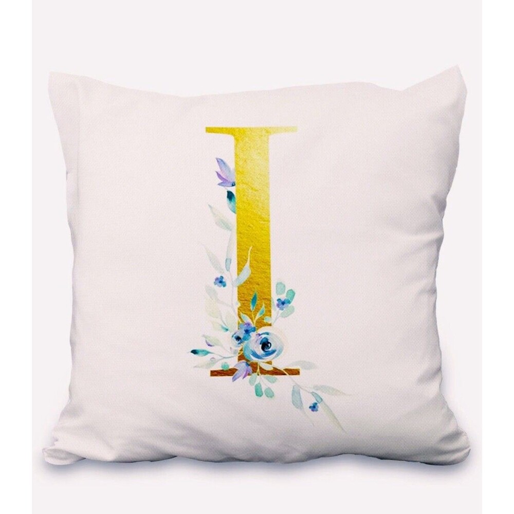 Pillow Covers 18x18” 1 pc Alphabet Linen White/Gold I Blue Floral Boho Cottage